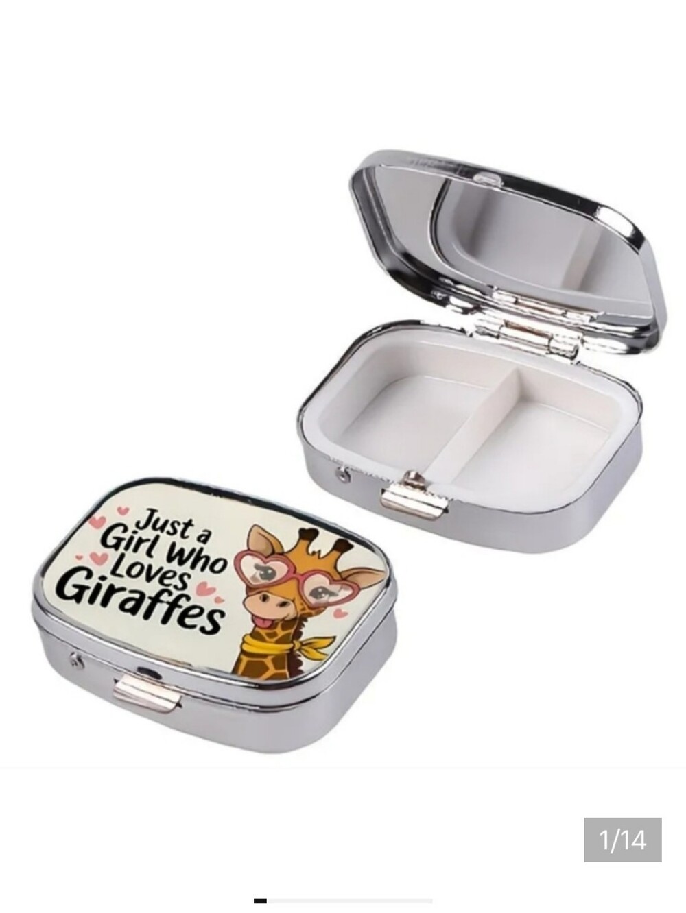 🆕️💊 🦒GIRAFFE PORTABLE METAL PILL BOX ORGANIZER WITH MIRROR 🦒💊